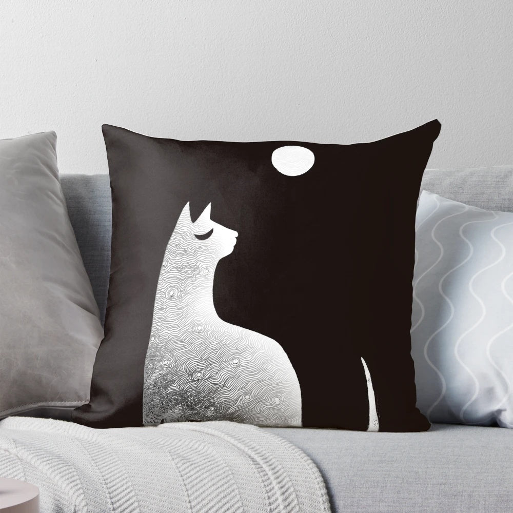 Ghostly white cat silhouetted against a full moon in a night sky with wispy clouds, a supernatural black and white art design.