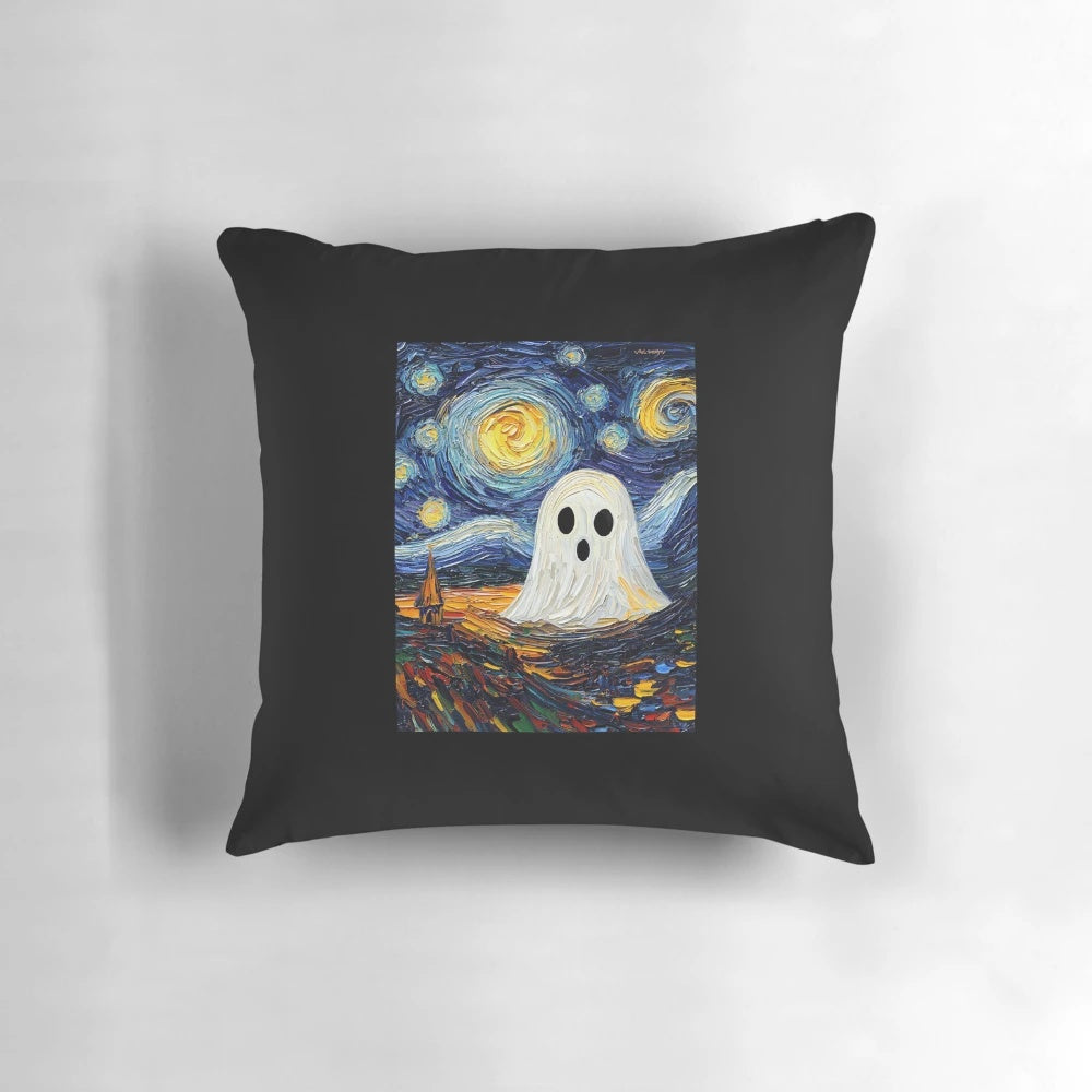 Captivating ghost-themed pillow with a striking painted design, perfect for adding a touch of the supernatural to your living space.