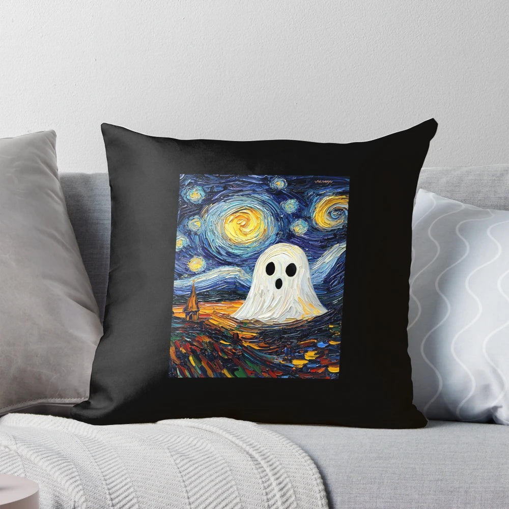 Captivating ghost-themed pillow with a striking painted design, perfect for adding a touch of the supernatural to your living space.