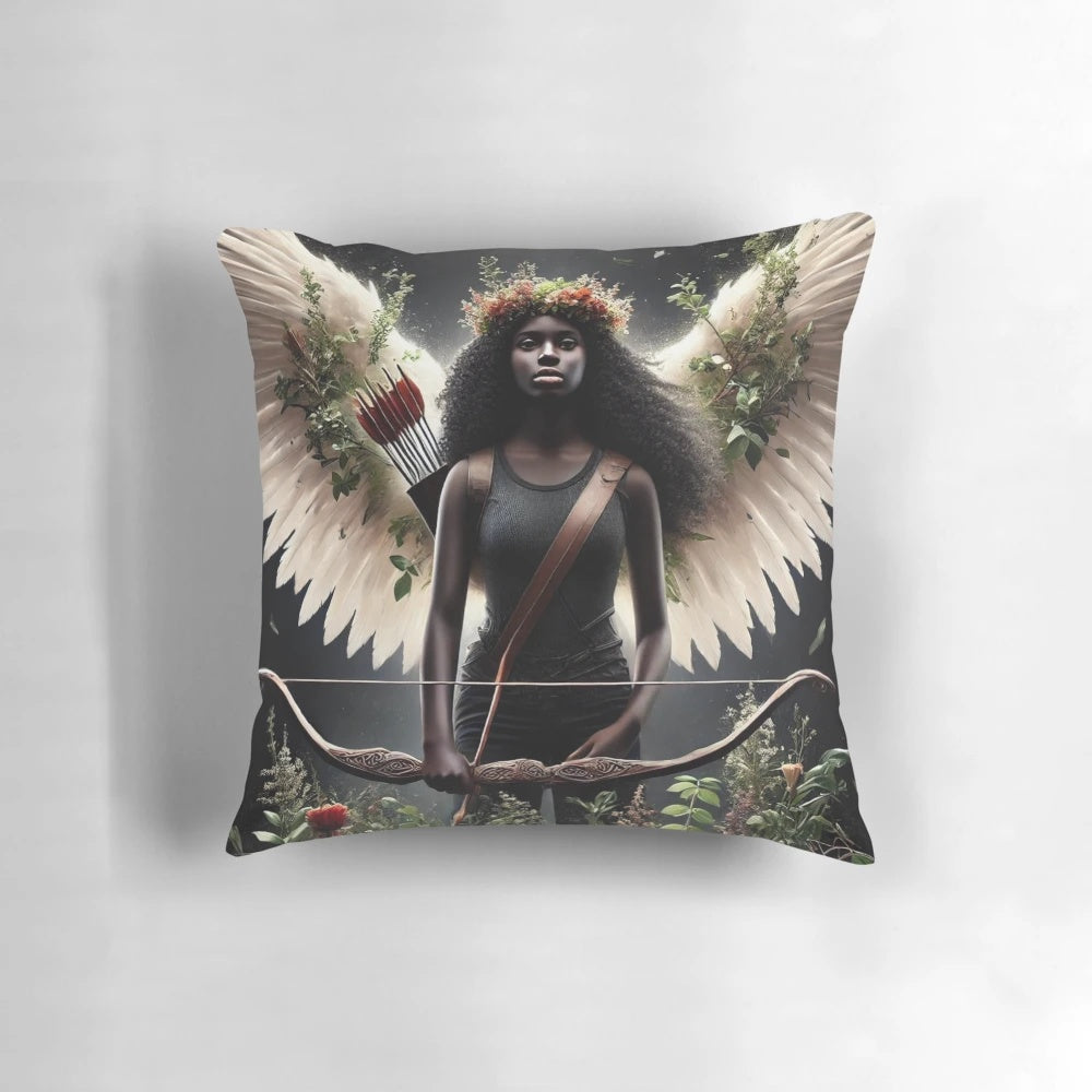 Angelic nature-inspired fantasy pillow featuring an elemental rose angel amid starry skies and cosmic elements
