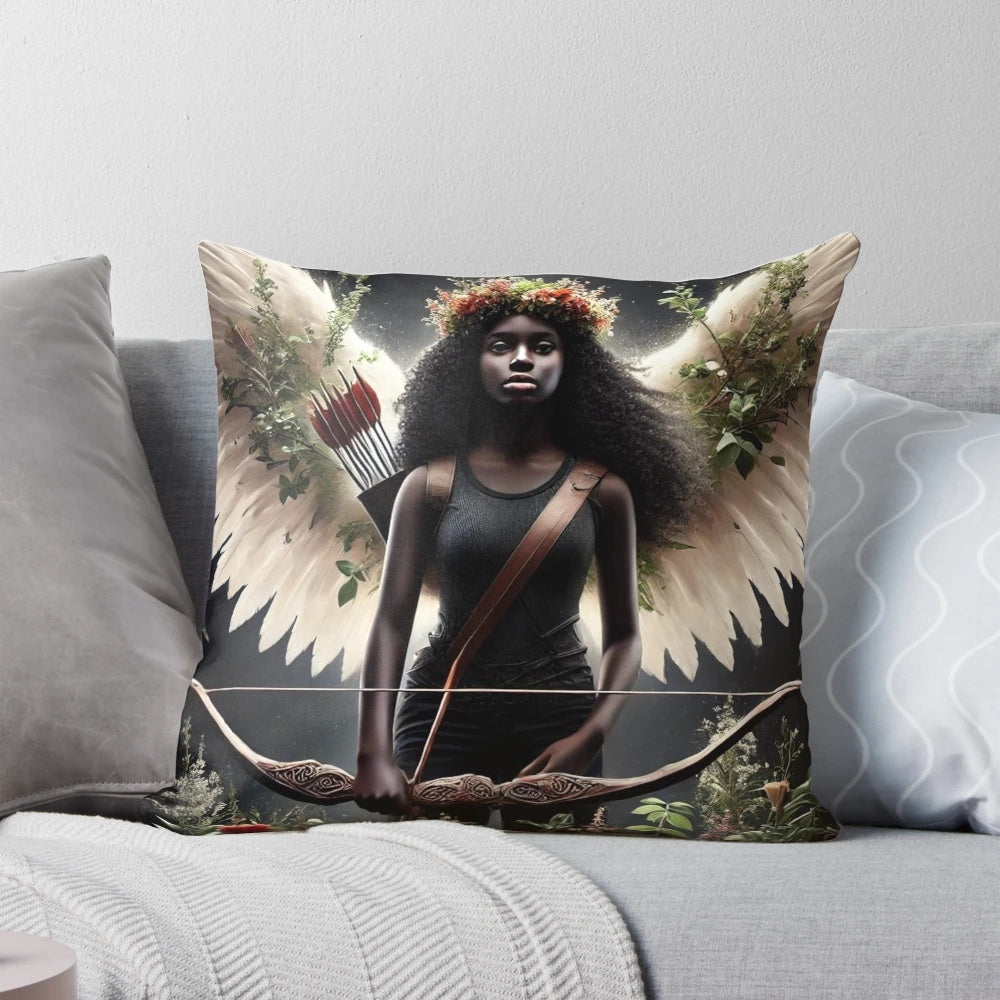 Angelic nature-inspired fantasy pillow featuring an elemental rose angel amid starry skies and cosmic elements