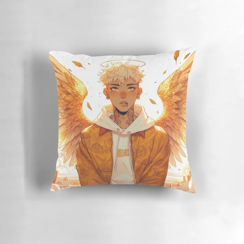Ethereal, freckled angel guardian with golden halo and wings in a fantasy, mystical illustration.