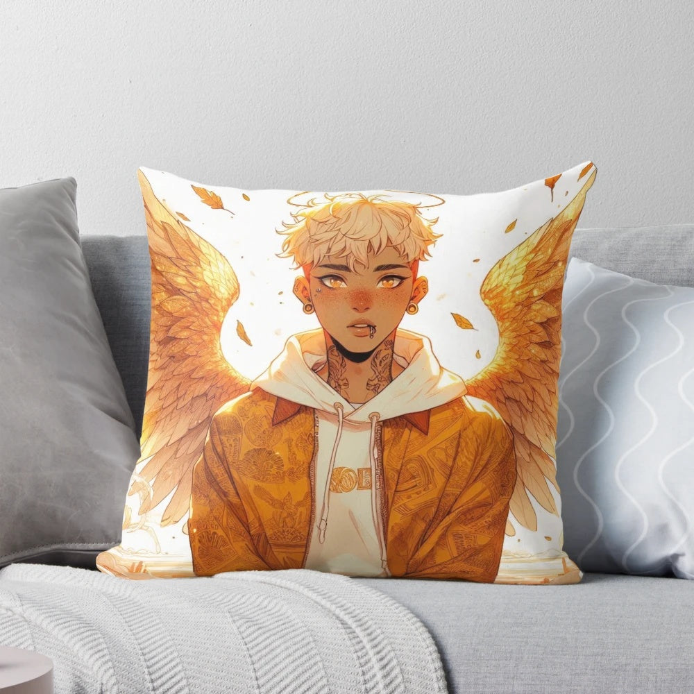 Ethereal, freckled angel guardian with golden halo and wings in a fantasy, mystical illustration.