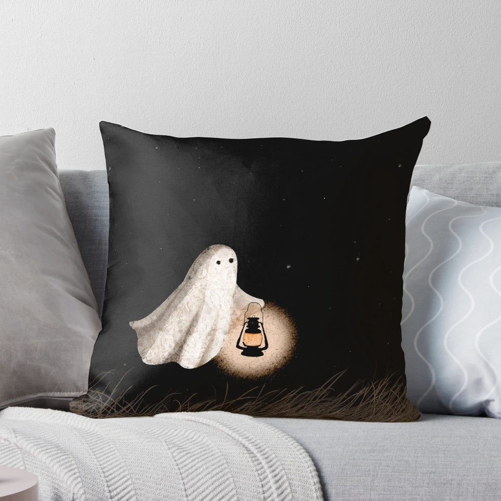Ghostly pillow with lantern lighting and starry night sky backdrop