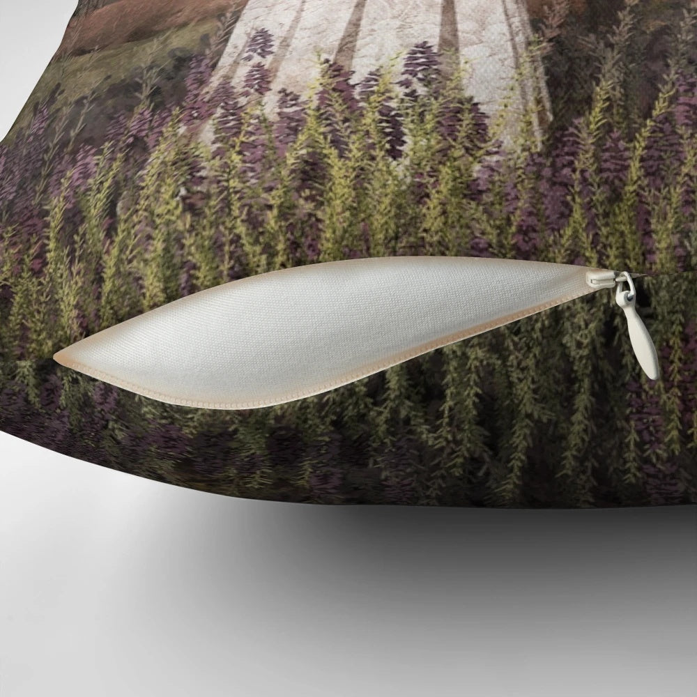 Soft, plush pillow featuring a watercolor painting of a misty, heather-covered Scottish mountain landscape with a ghostly, ethereal presence.