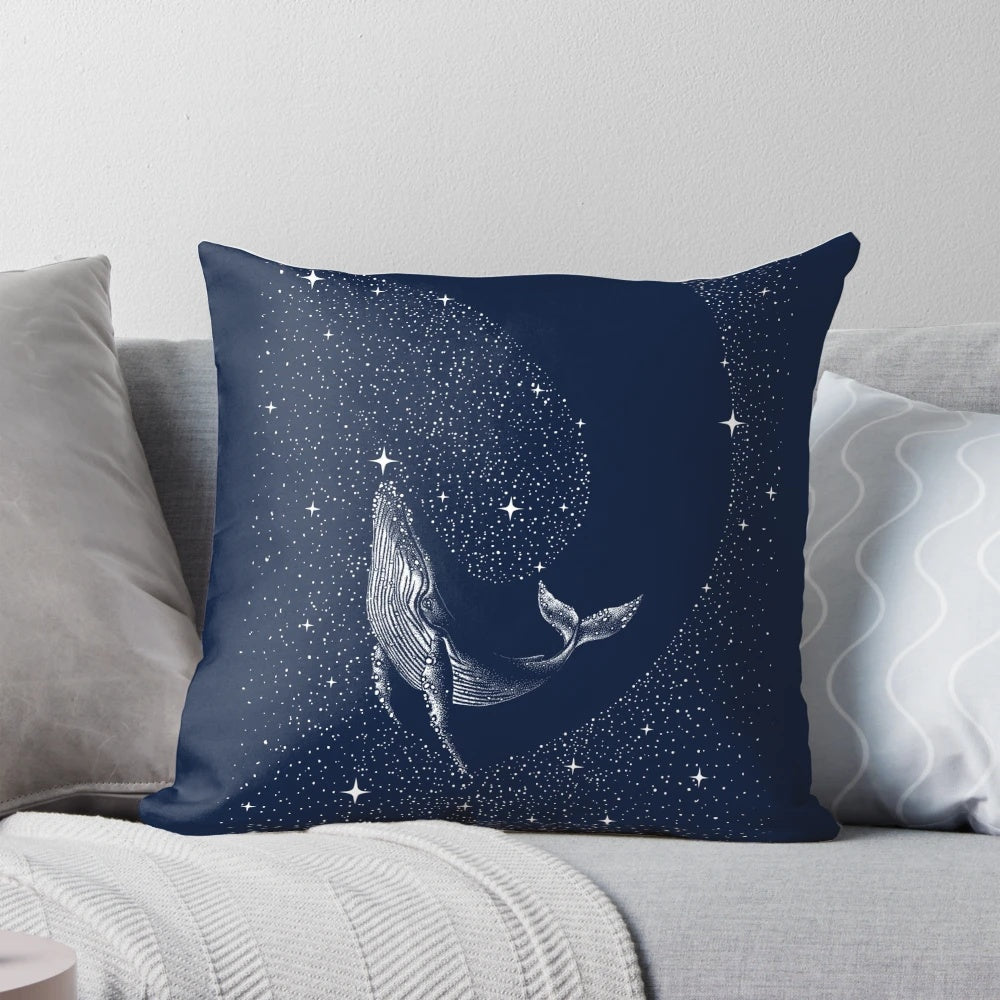 A mystical pillow featuring a humpback whale swimming among the stars in a surreal, cosmic seascape.