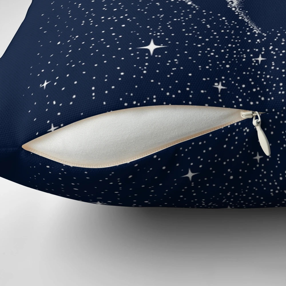 A mystical pillow featuring a humpback whale swimming among the stars in a surreal, cosmic seascape.