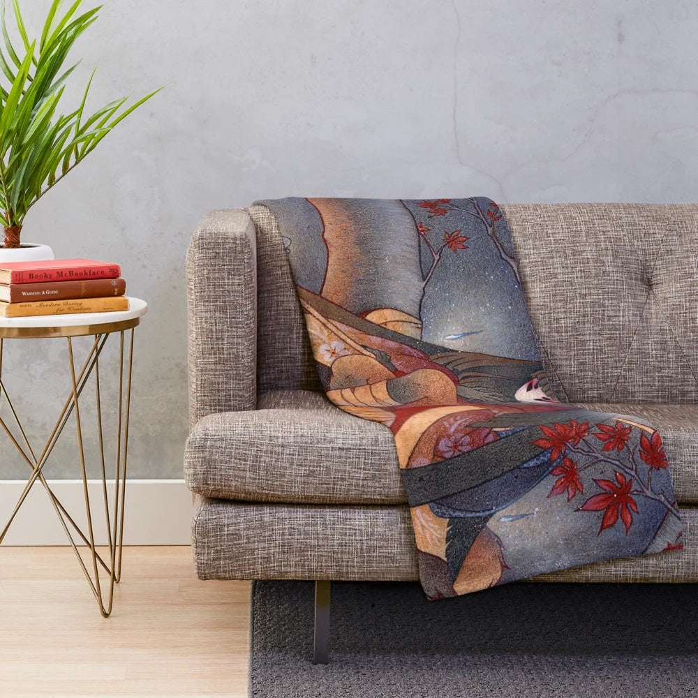 Kitsune mythological creature with lantern in dark forest plush blanket
