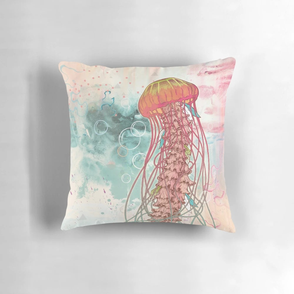 Soft, pastel-colored pillow with a flowing, psychedelic jellyfish design