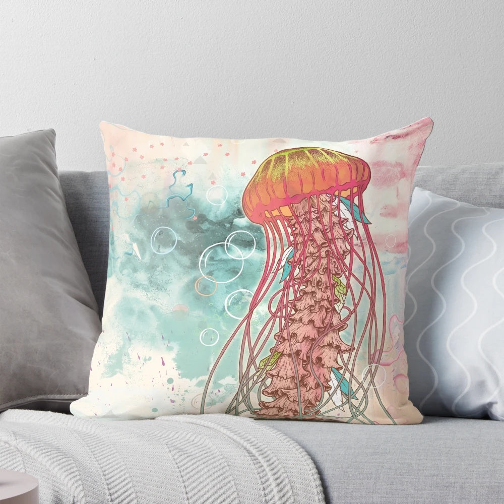 Soft, pastel-colored pillow with a flowing, psychedelic jellyfish design