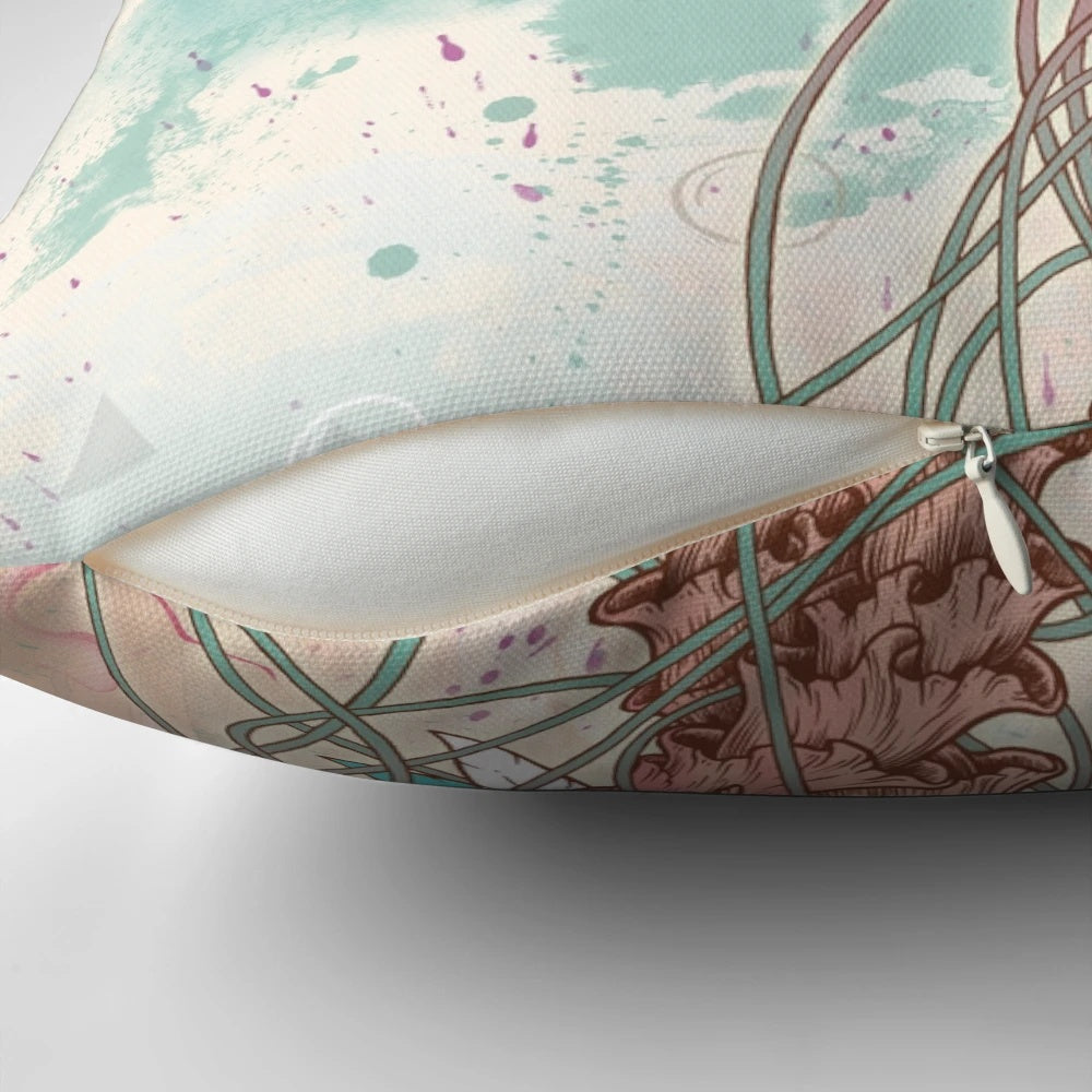 Soft, pastel-colored pillow with a flowing, psychedelic jellyfish design