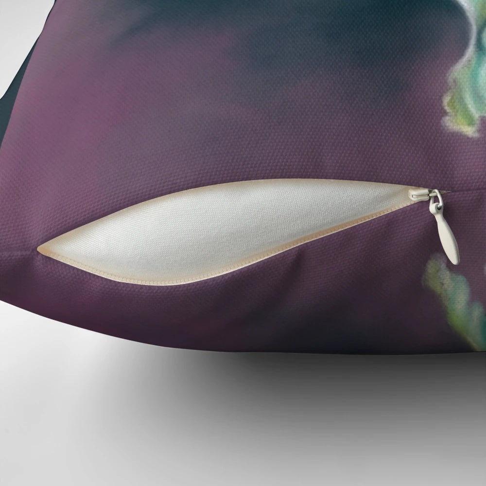 Soft pastel artwork of a luna moth on a background of a full moon, featured on a plush decorative pillow.