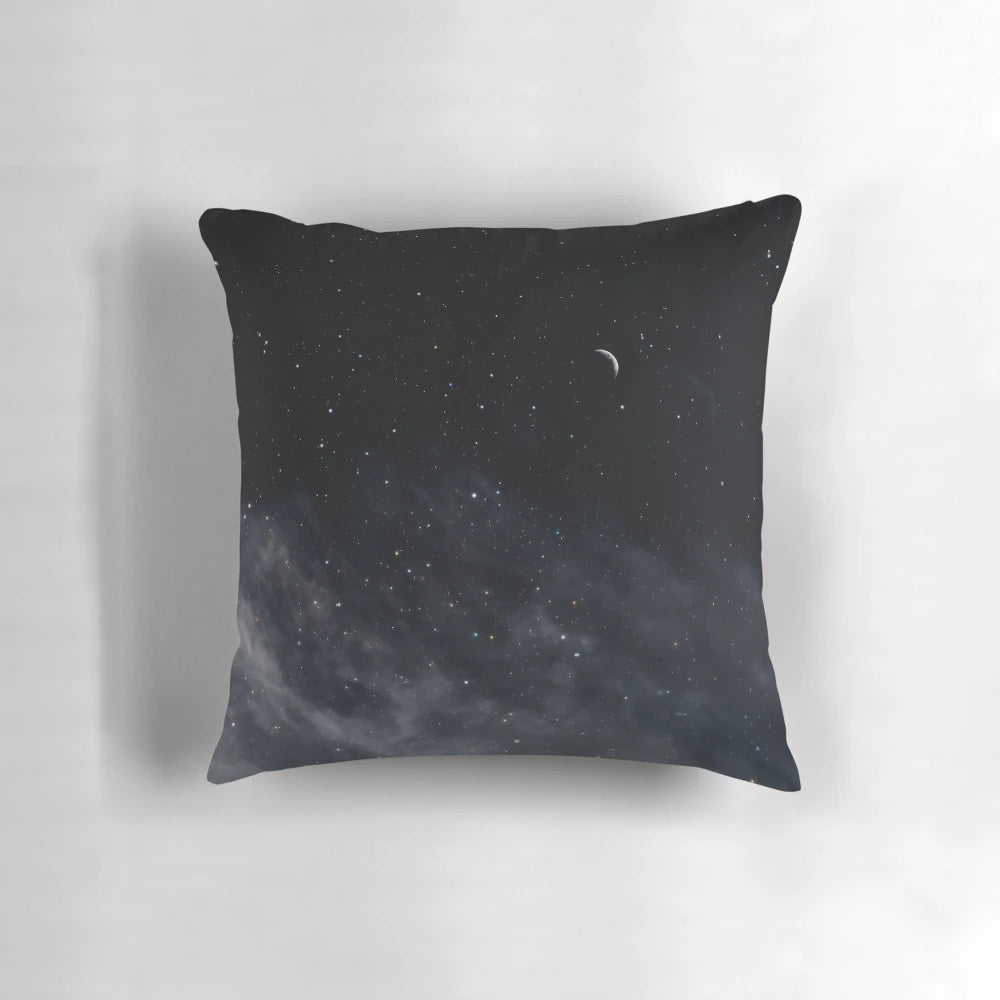 Melancholy pillow featuring a moody, dreamy landscape with a full moon and starry night sky