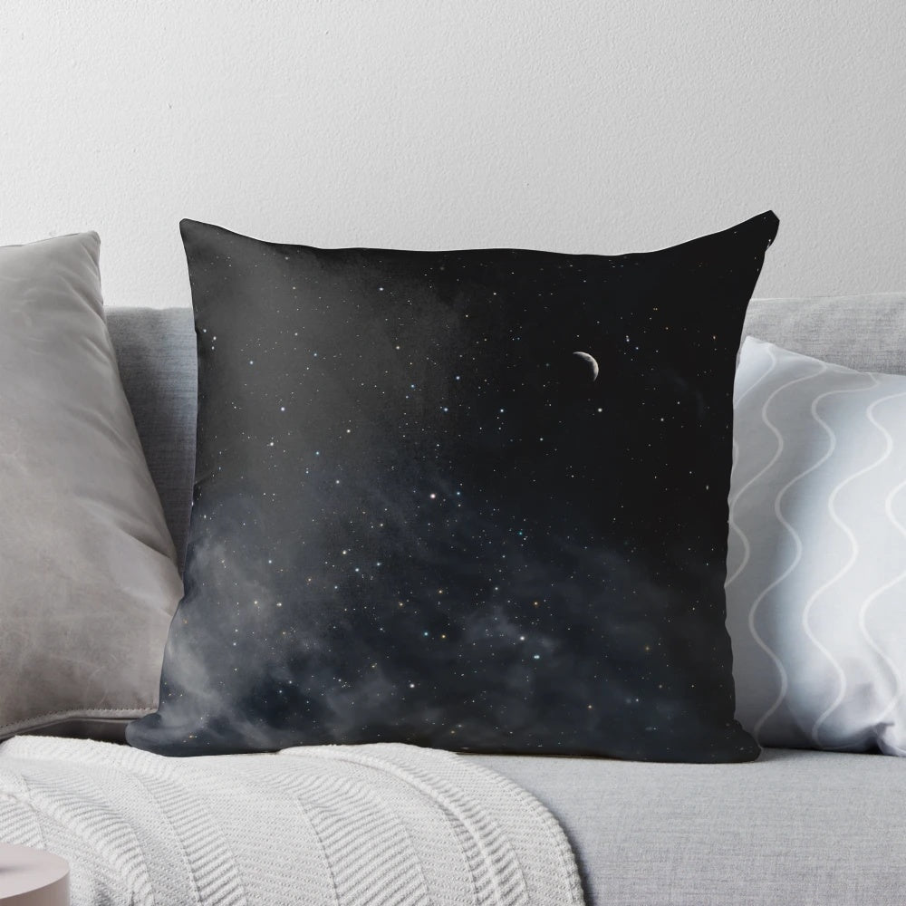 Melancholy pillow featuring a moody, dreamy landscape with a full moon and starry night sky