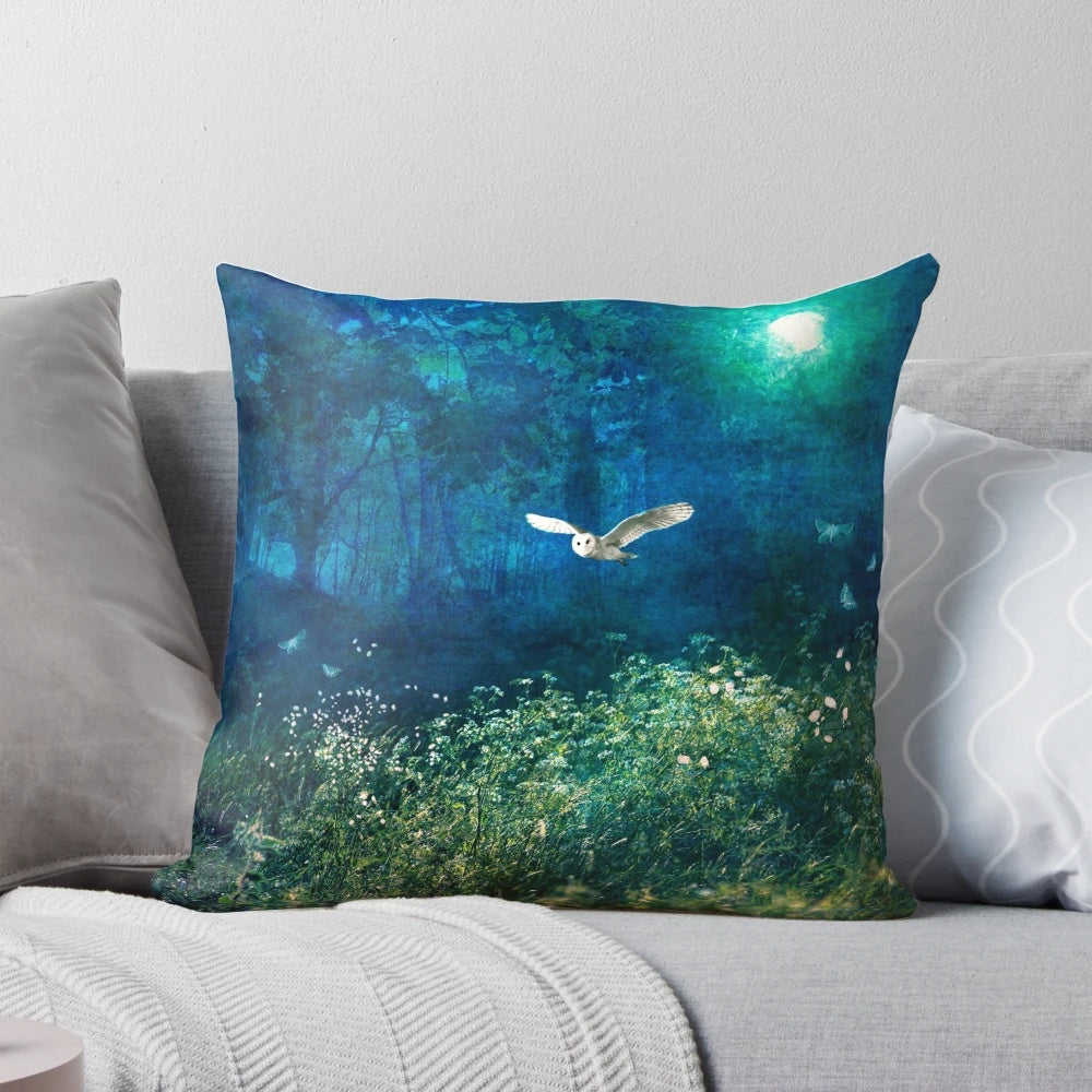 Soft, dreamy midnight forest pillow featuring a barn owl under the moonlight, created by artist Angie Latham.