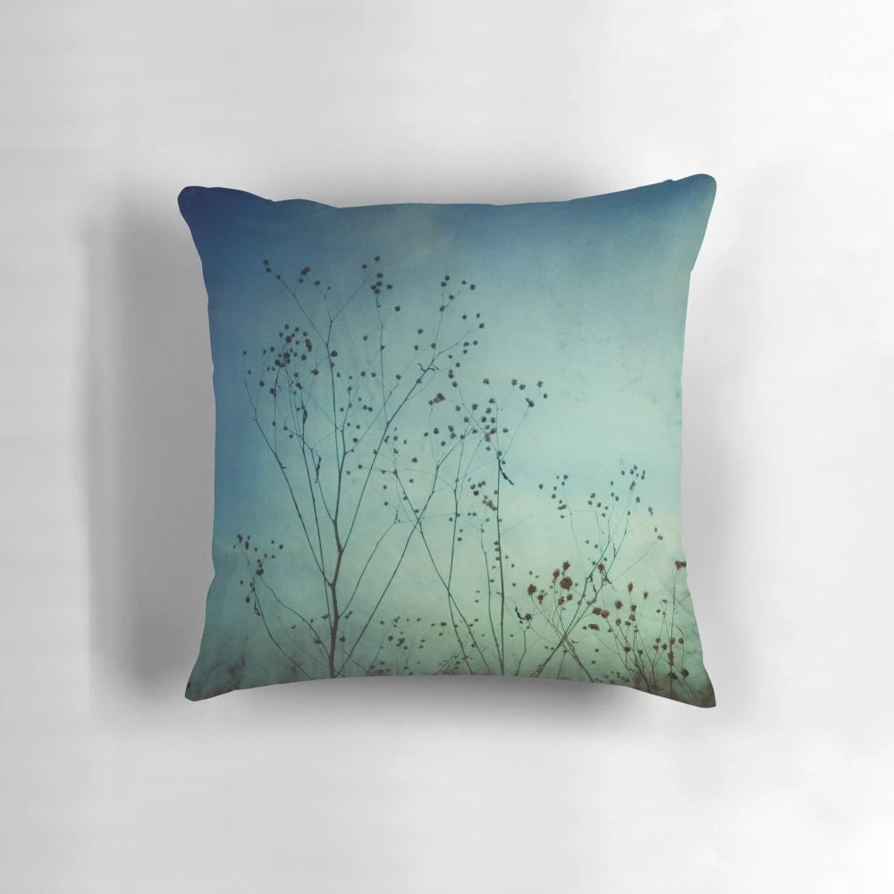 Ethereal Moment Nature-Inspired Pillow with Blue Wildflowers and Minimal Silhouette Design