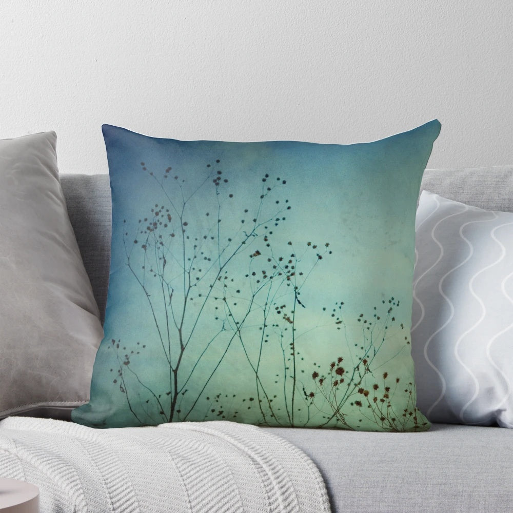 Ethereal Moment Nature-Inspired Pillow with Blue Wildflowers and Minimal Silhouette Design