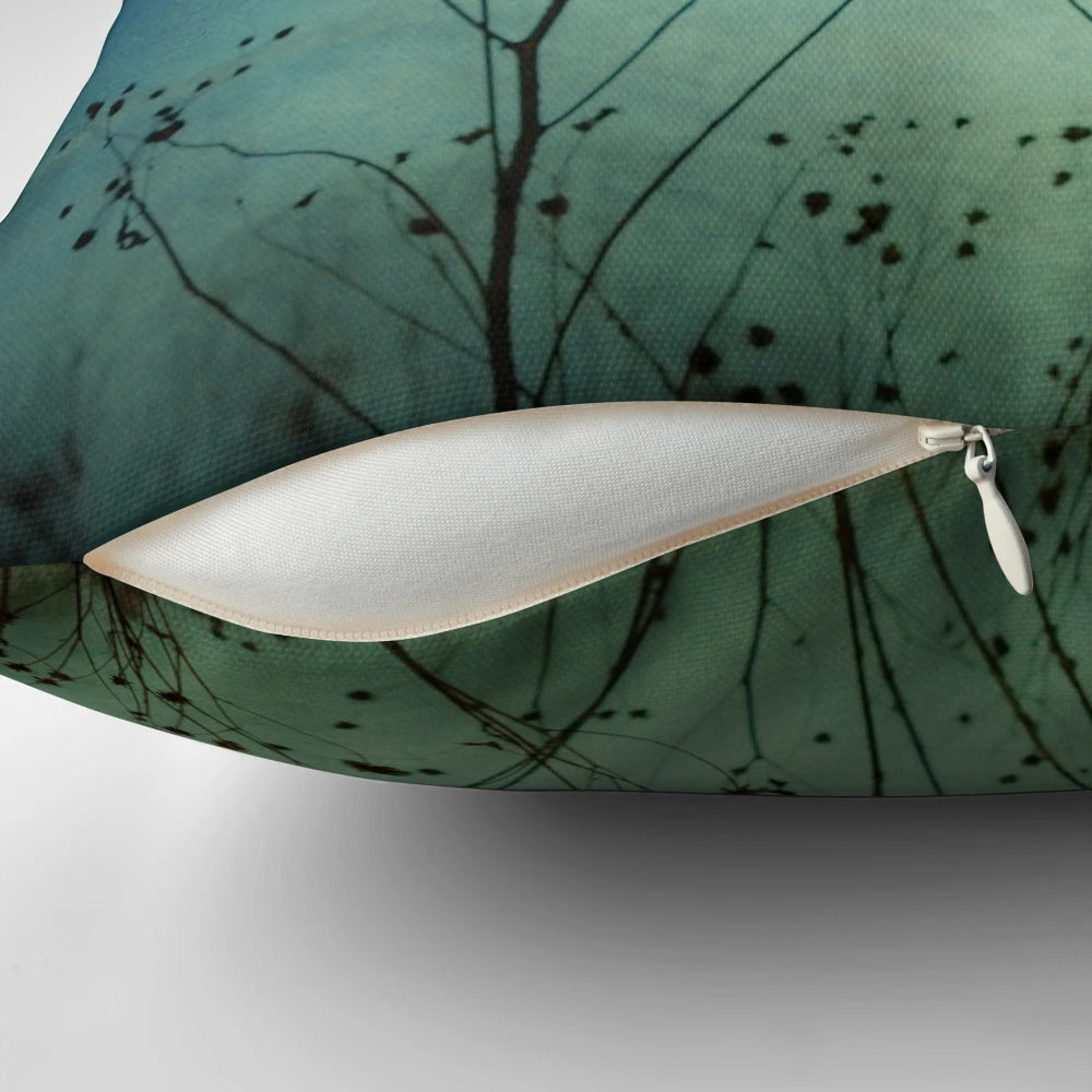 Ethereal Moment Nature-Inspired Pillow with Blue Wildflowers and Minimal Silhouette Design