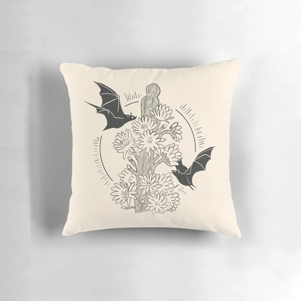 Elegant bat-themed throw pillow with a simple, abstract night bloom design