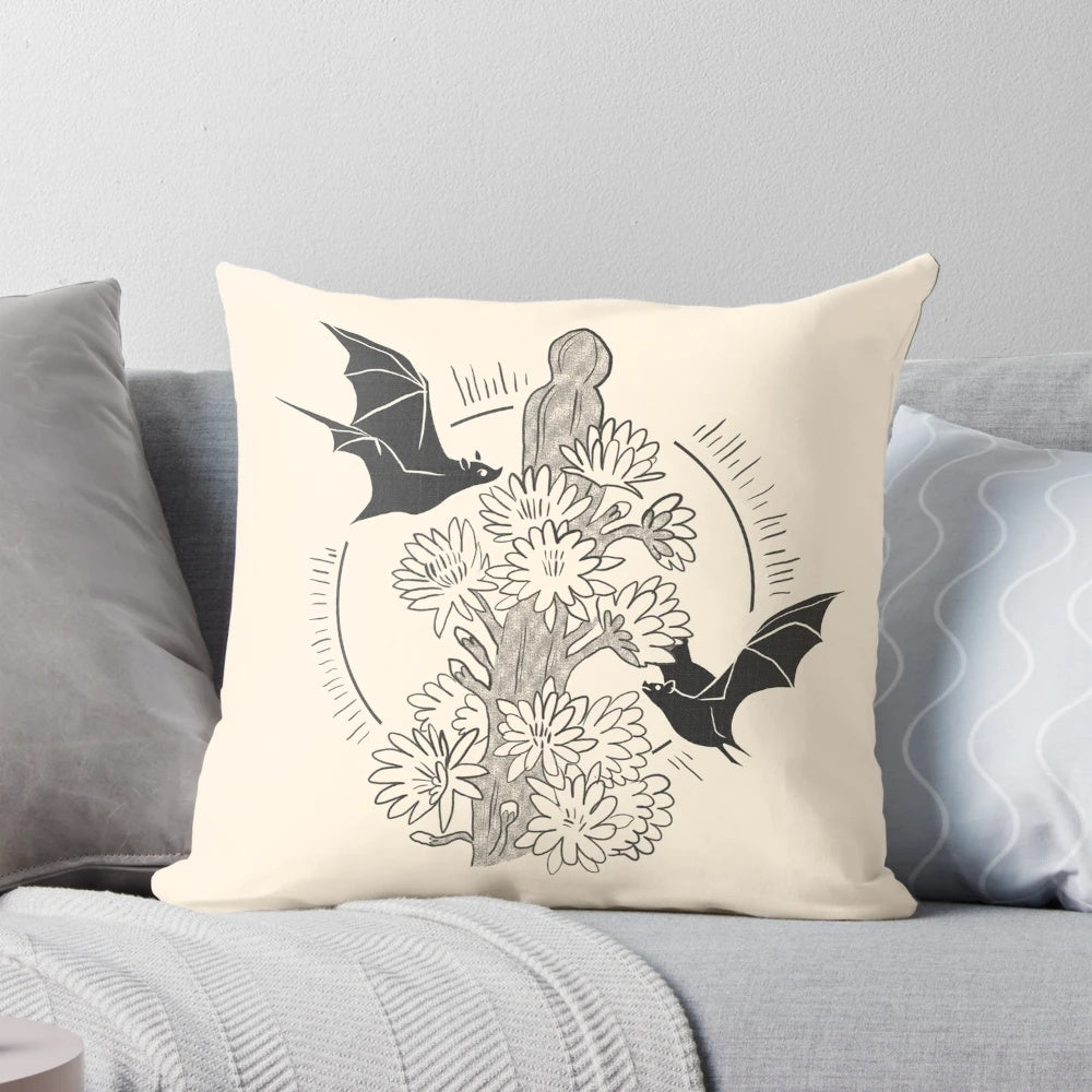 Elegant bat-themed throw pillow with a simple, abstract night bloom design