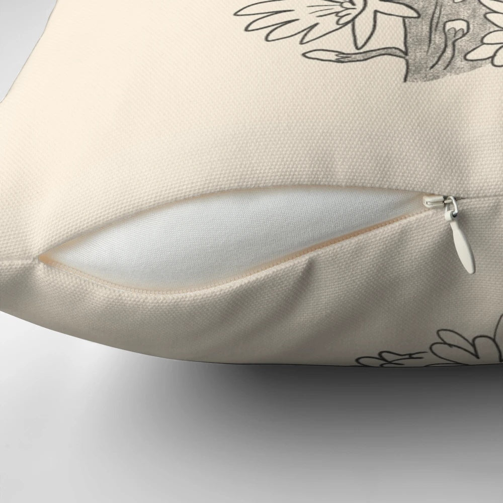 Elegant bat-themed throw pillow with a simple, abstract night bloom design