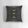 Detailed illustration of a night moth on a dark, rustic pillow with a full moon and autumn leaves in the background