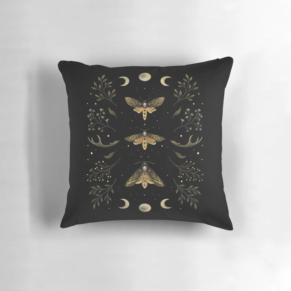 Detailed illustration of a night moth on a dark, rustic pillow with a full moon and autumn leaves in the background