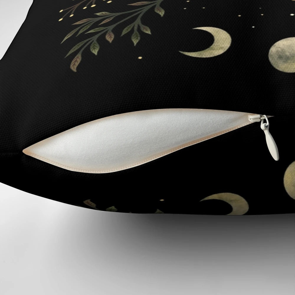 Detailed illustration of a night moth on a dark, rustic pillow with a full moon and autumn leaves in the background