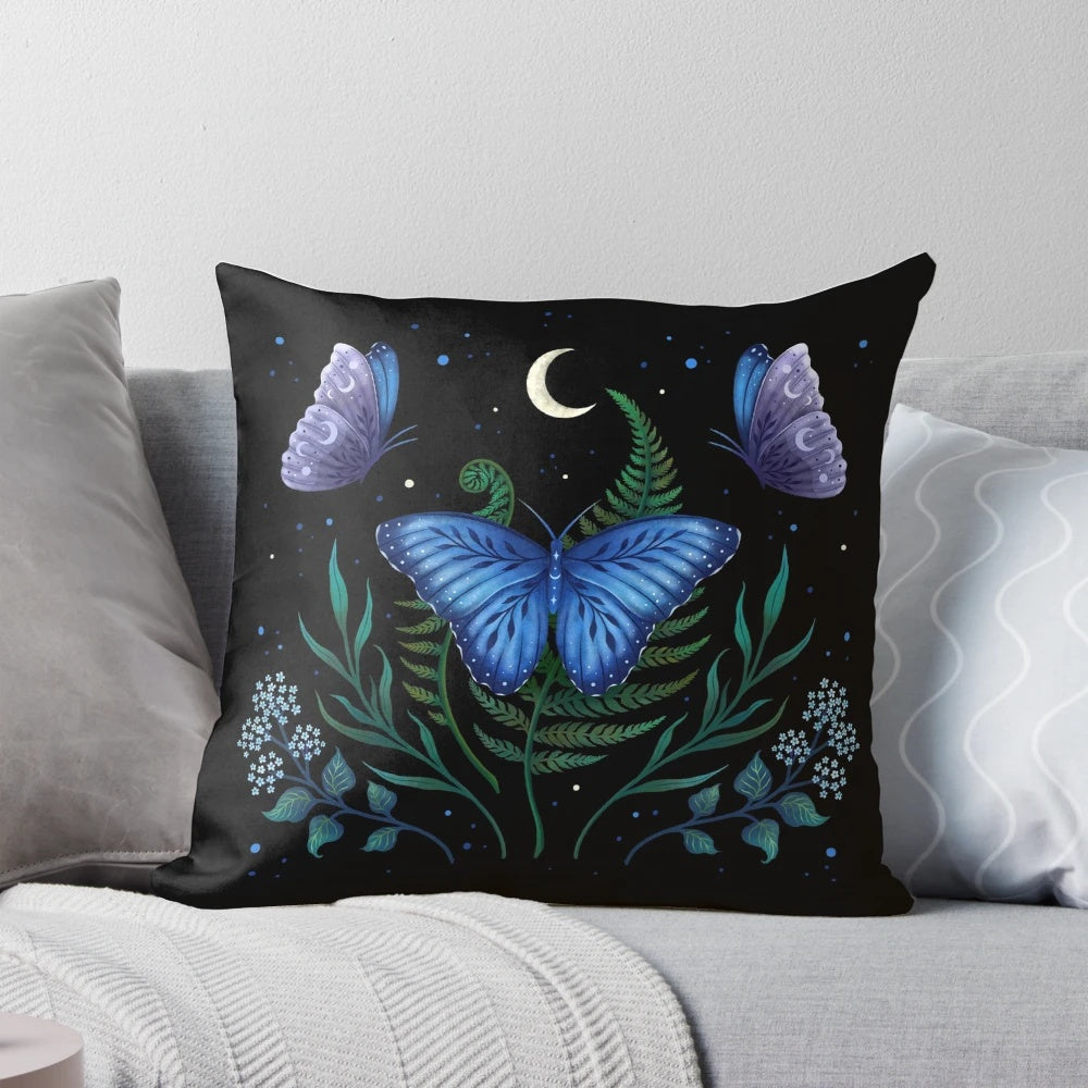 Blue Morpho butterfly resting on a pillow under the moonlight