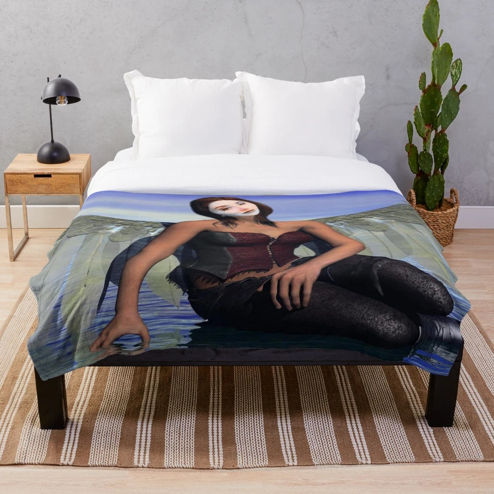 Plush blanket with abstract, ocean-themed fantasy art design