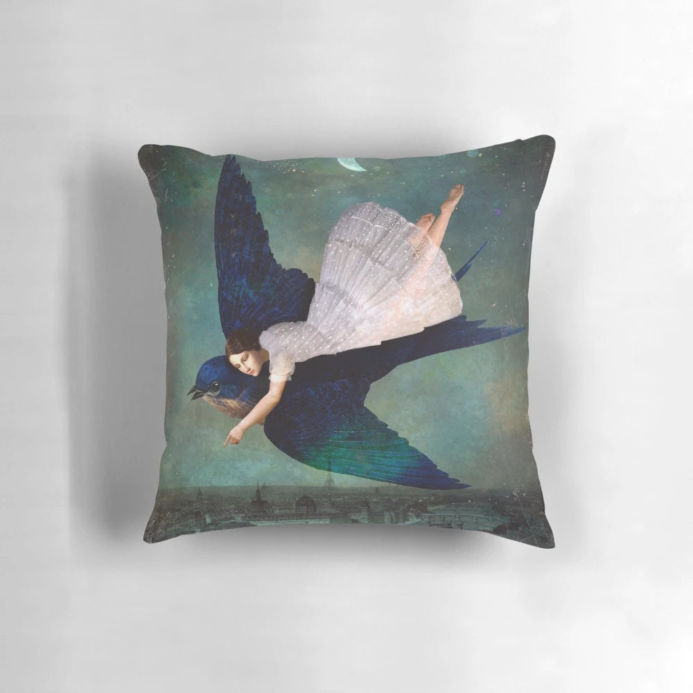 Pillow with a surreal, fantasy image of the Paris night sky with the moon and stars