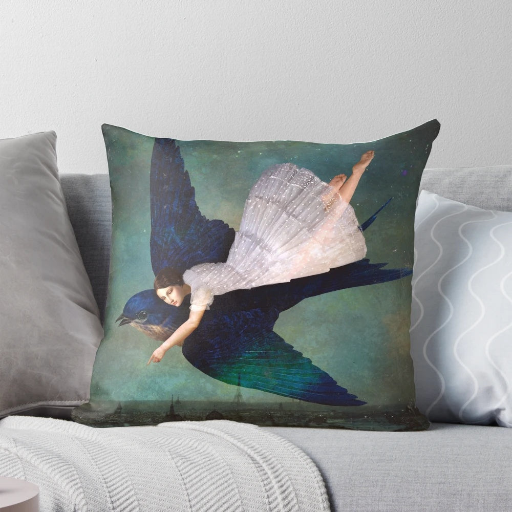 Pillow with a surreal, fantasy image of the Paris night sky with the moon and stars