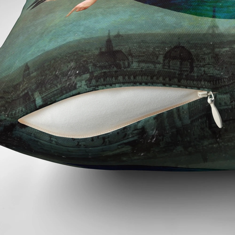 Pillow with a surreal, fantasy image of the Paris night sky with the moon and stars