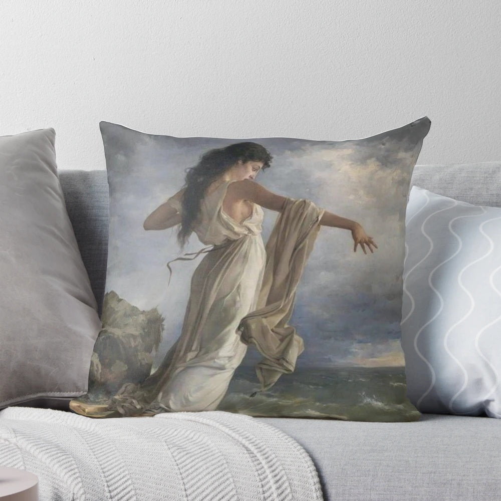 A vibrant, poetic pillow featuring the goddess Sappho surrounded by cherubs and flowers in a classical, renaissance-inspired style.