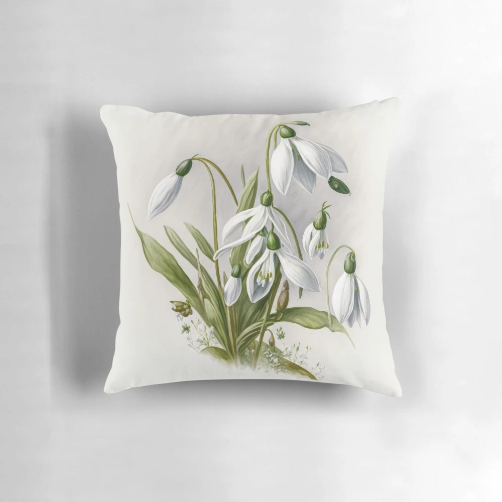 A decorative pillow featuring delicate white snowdrop flowers, a symbol of spring.