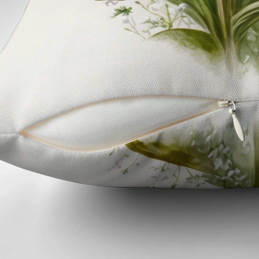 A decorative pillow featuring delicate white snowdrop flowers, a symbol of spring.