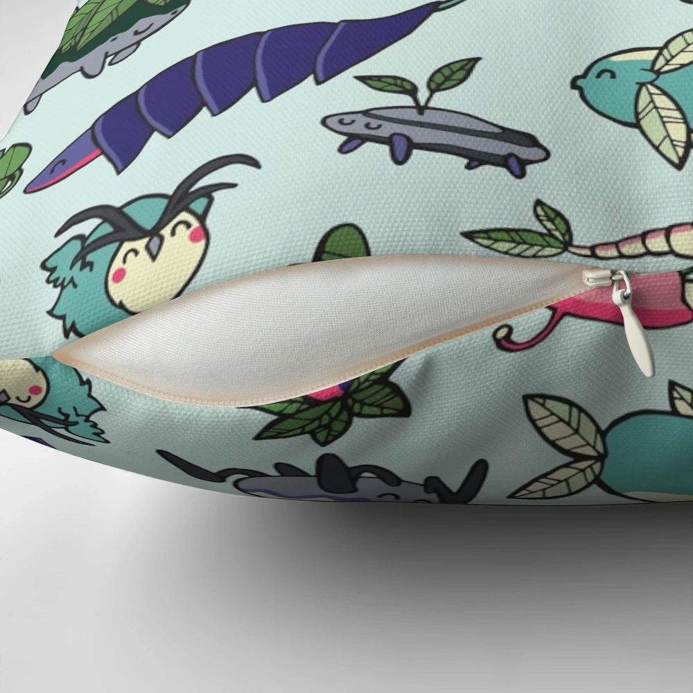 A whimsical pillow featuring a colorful pattern inspired by the spirits and characters of Avatar: The Last Airbender and The Legend of Korra.