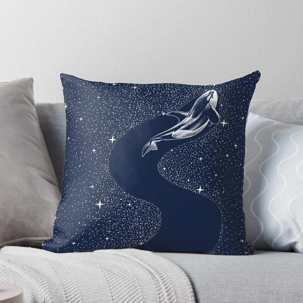Elegant starry night orca pillow, featuring a surreal cosmic killer whale design against a backdrop of glittering stars and galaxies.