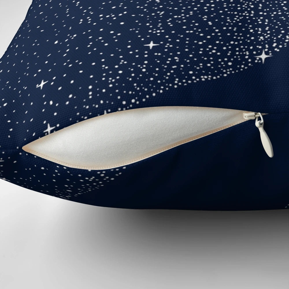 Elegant starry night orca pillow, featuring a surreal cosmic killer whale design against a backdrop of glittering stars and galaxies.