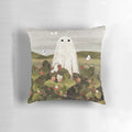 Soft, artistic pillow featuring a field of whimsical strawberries and ghostly apparitions