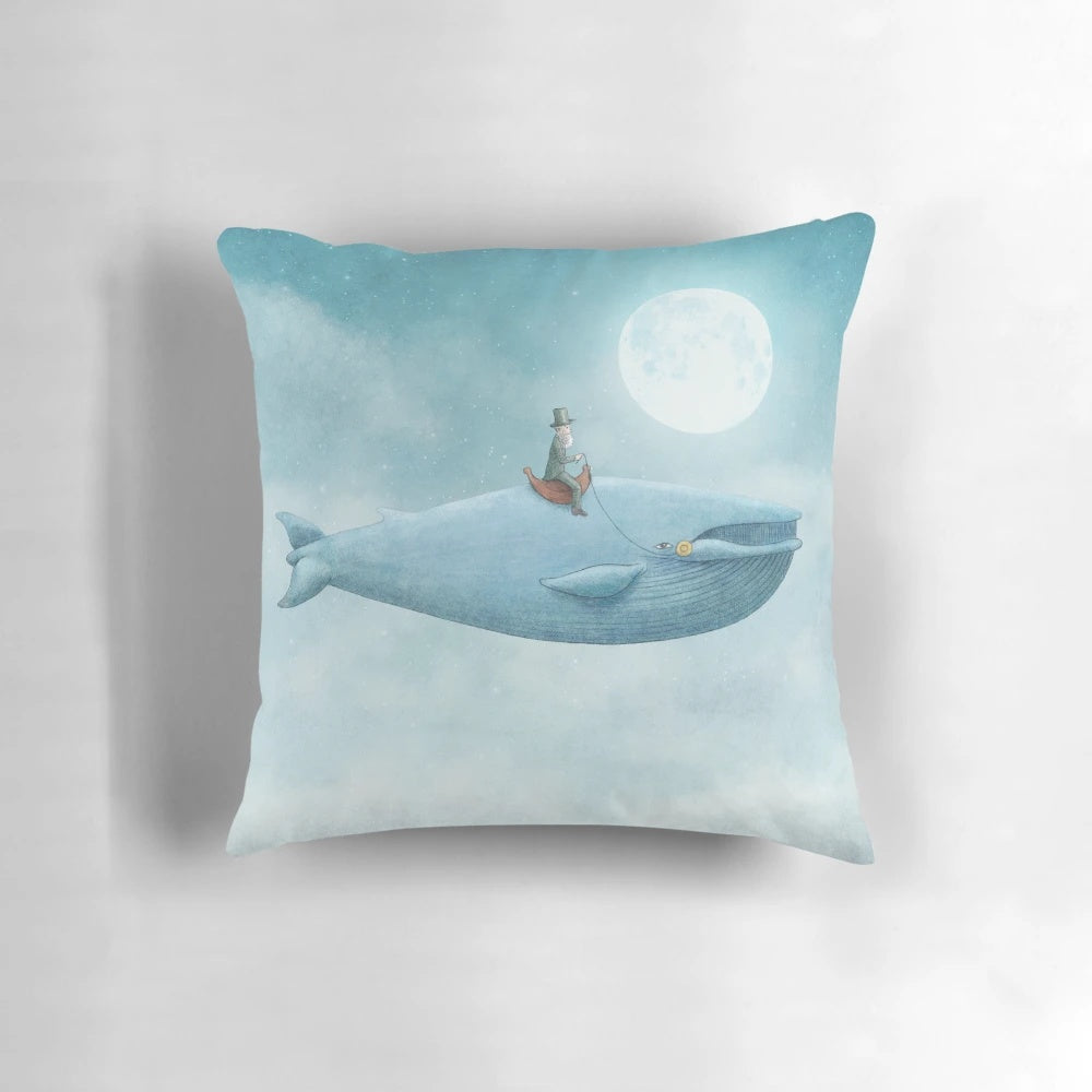 A surreal digital illustration of a whale riding through a night sky filled with stars, the moon, and a top hat.