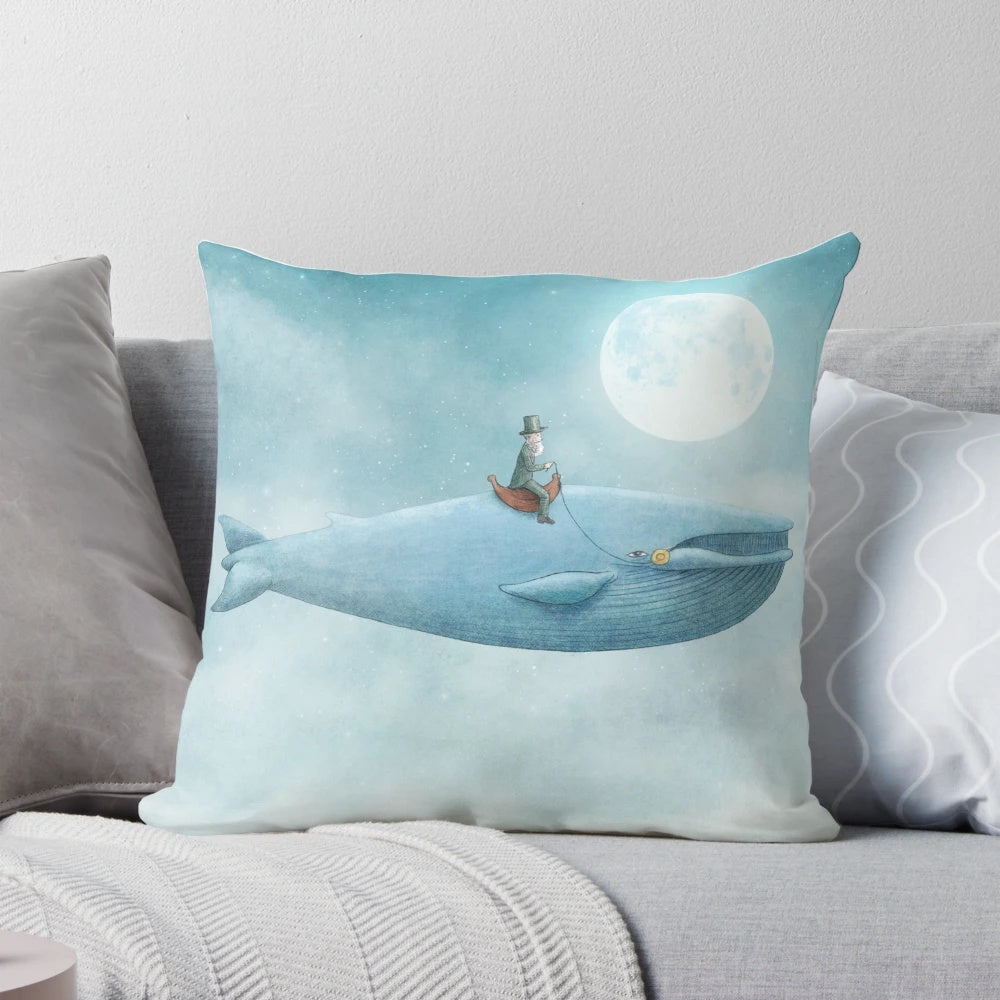 A surreal digital illustration of a whale riding through a night sky filled with stars, the moon, and a top hat.
