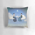 Soft, dreamy pillow featuring a design of wind, clouds, and a woman drinking tea under a starry night sky.