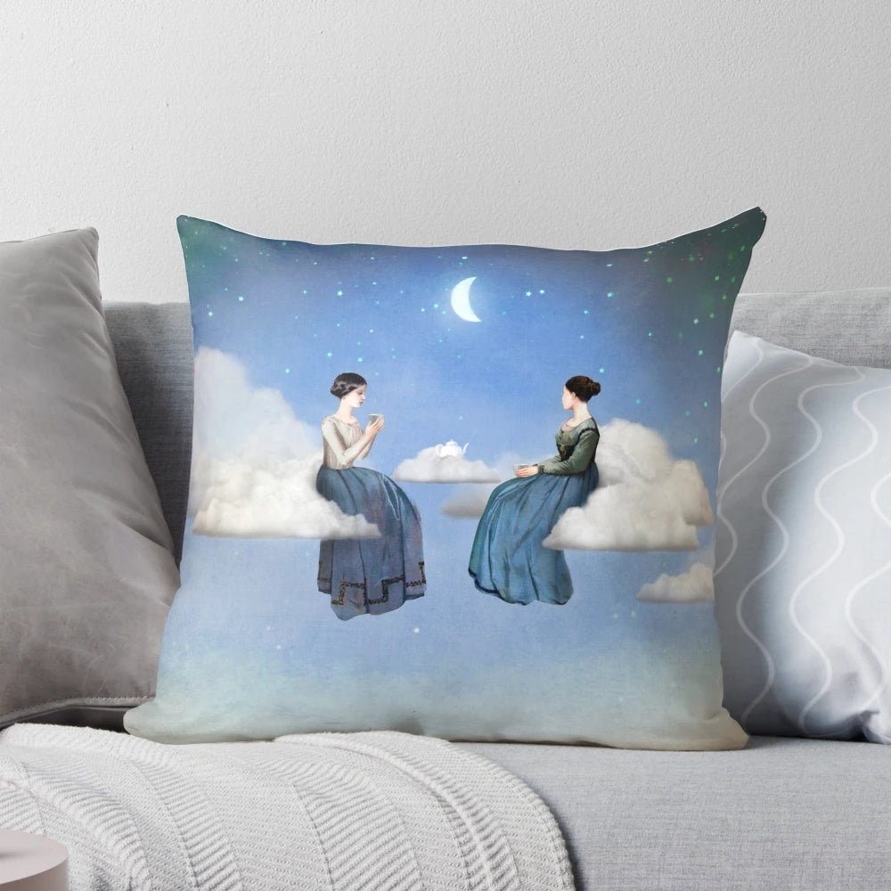 Soft, dreamy pillow featuring a design of wind, clouds, and a woman drinking tea under a starry night sky.