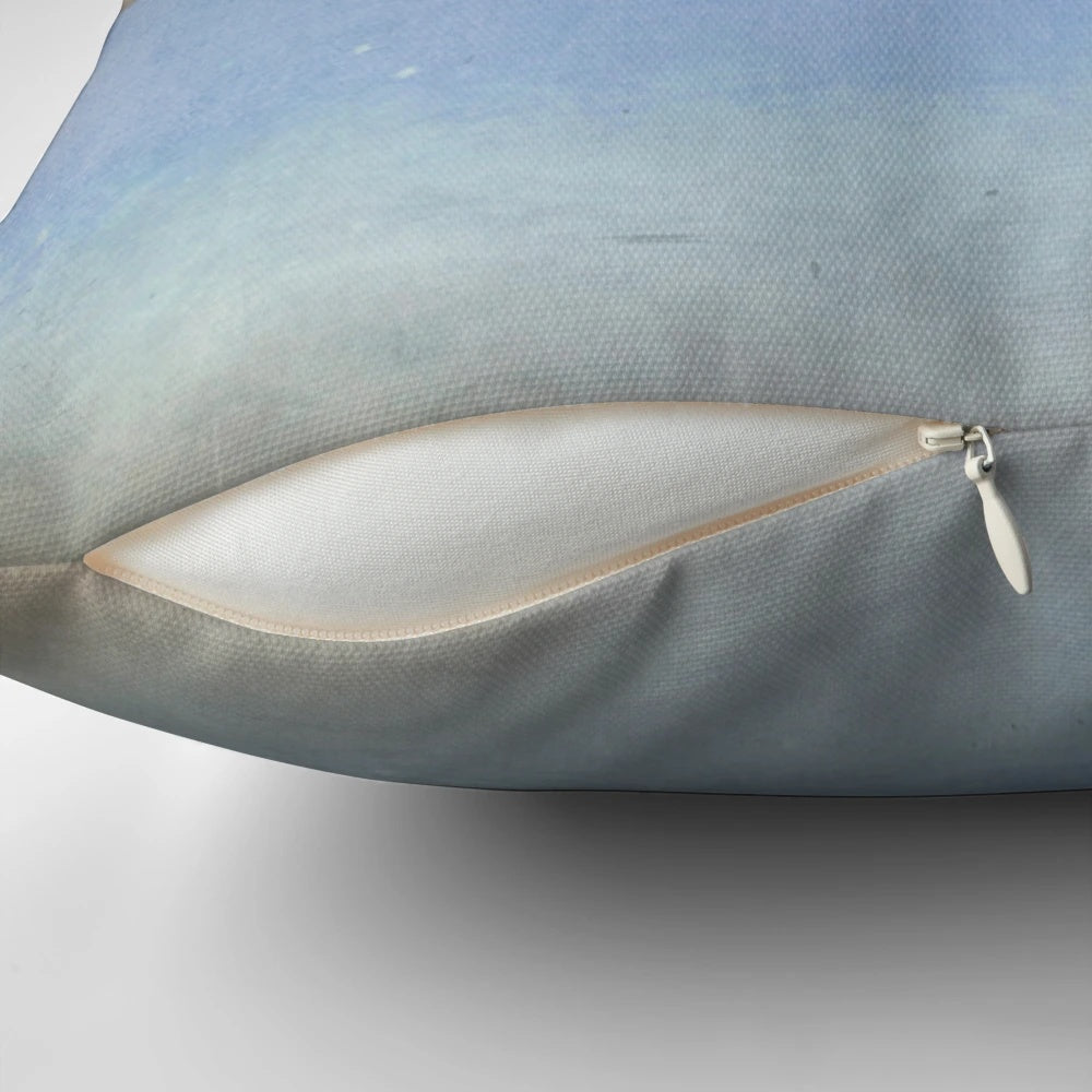 Soft, dreamy pillow featuring a design of wind, clouds, and a woman drinking tea under a starry night sky.