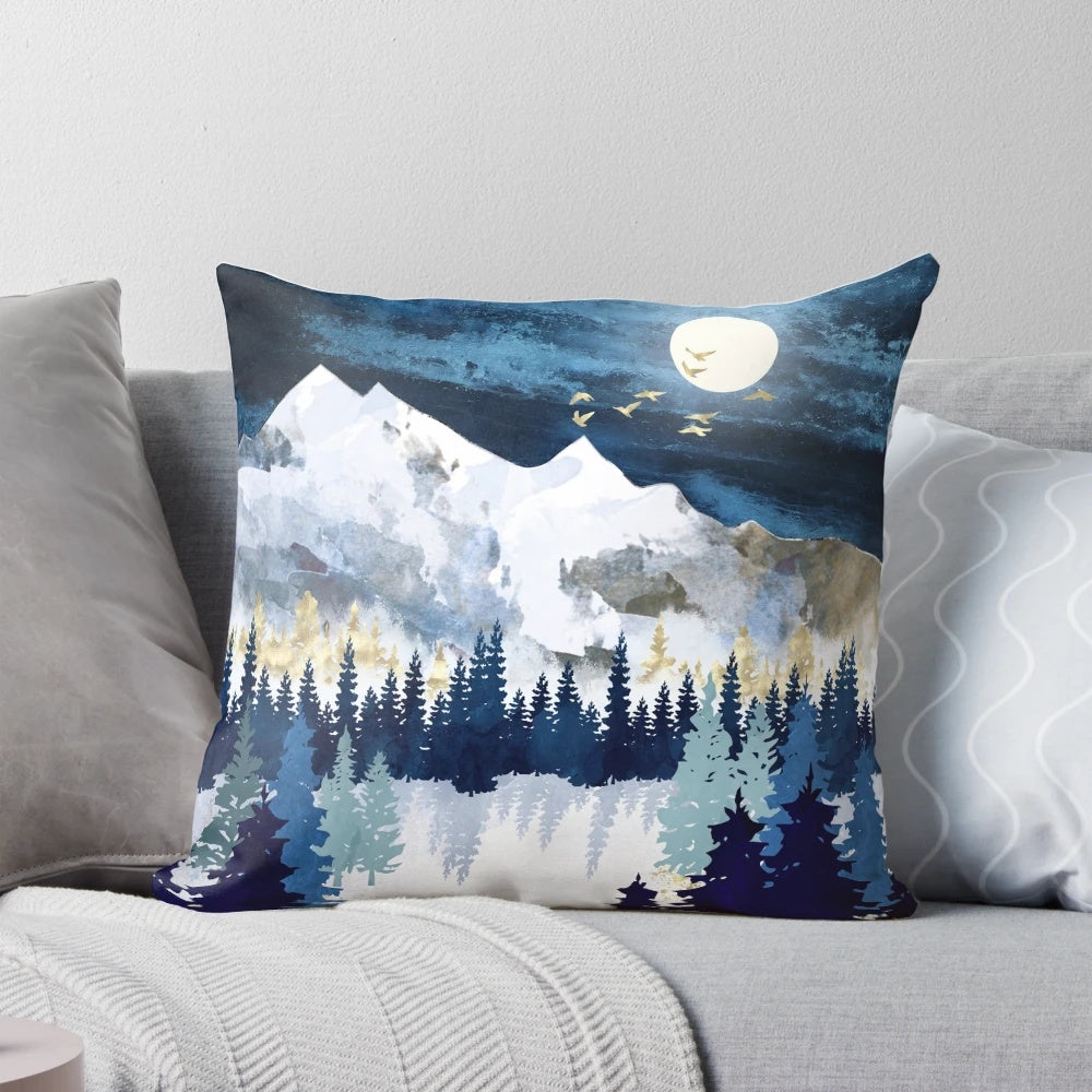 Serene blue and white winter landscape pillow cover featuring a moonlit forest scene.