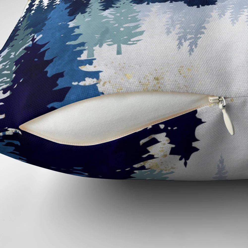 Serene blue and white winter landscape pillow cover featuring a moonlit forest scene.