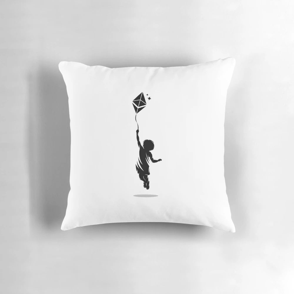 Ethereum-themed black pillow with a floating balloon design, featuring the Ethereum logo