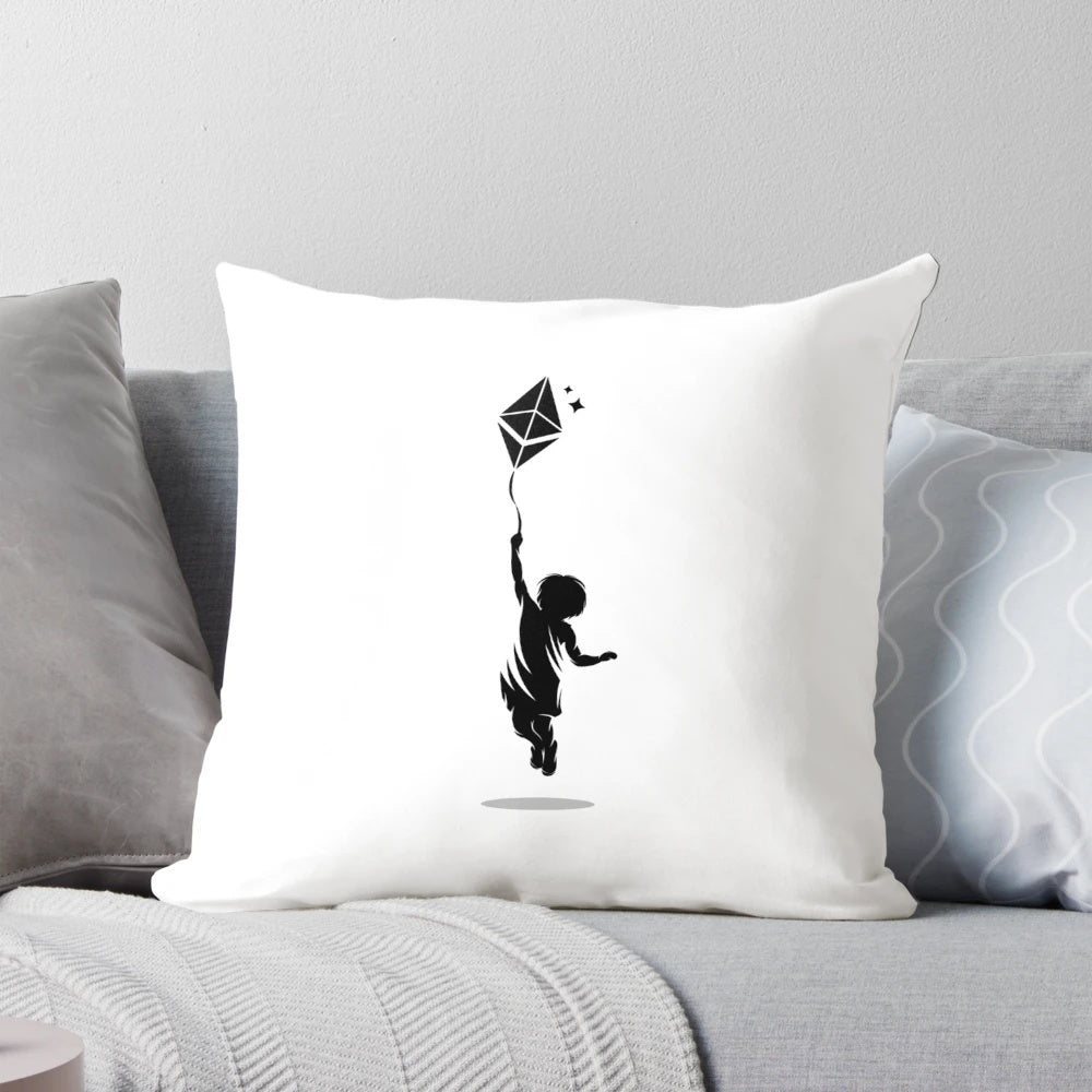 Ethereum-themed black pillow with a floating balloon design, featuring the Ethereum logo