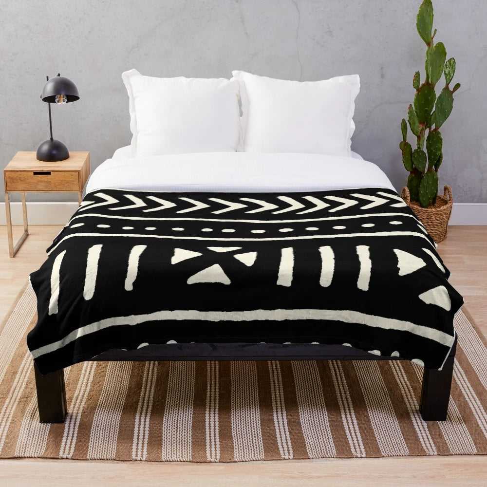 African mud cloth inspired black and white plush blanket